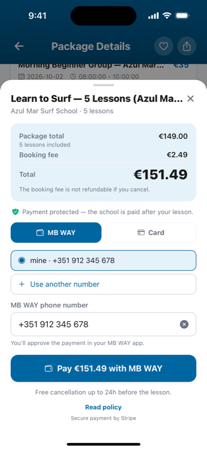 Paying for a surf package with MB WAY in the Swellea app